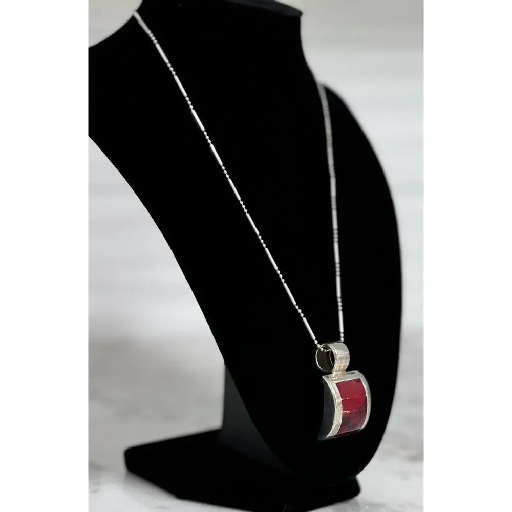 Vintage Sterling Silver Taxco Mexico Red Jasper Pendant Necklace 18in